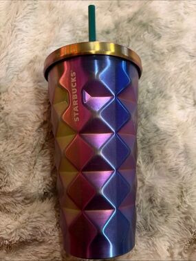 Starbucks 16oz Iridescent Purple and Gold Quilted Tumbler with Green Straw